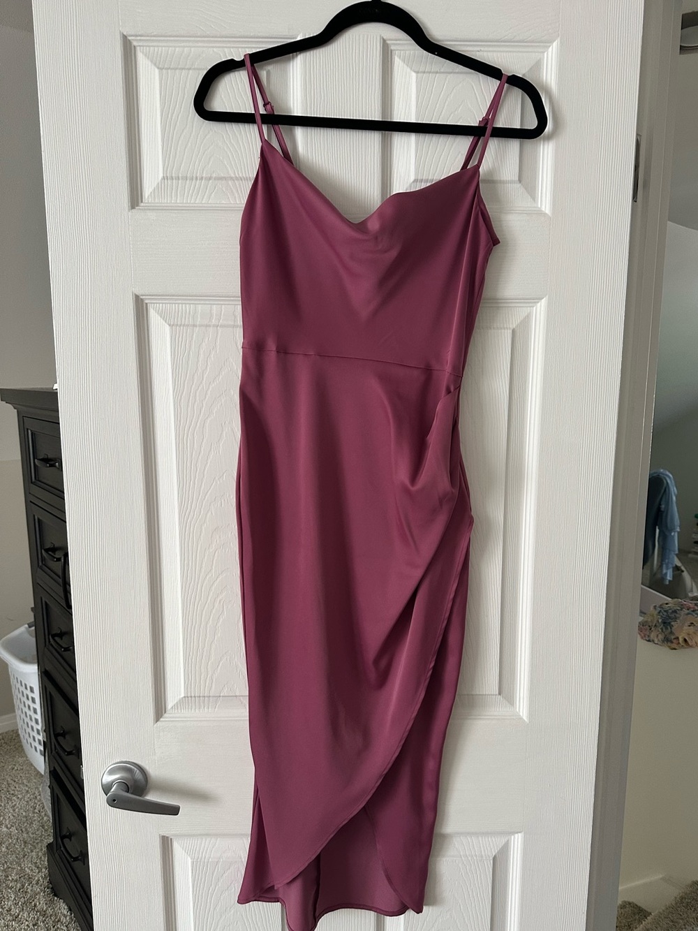 More to Come Mauve Slip Midi Dress with cowl neck and spaghetti straps